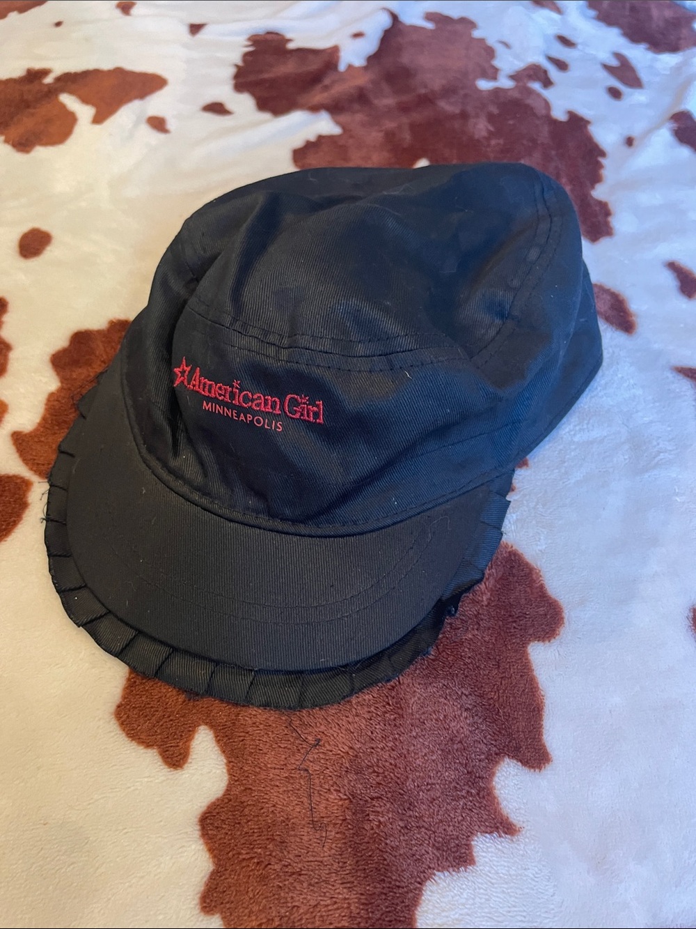 American Girl Black Cap with Pink-Red Embroidered Logo and Ruffled Brim